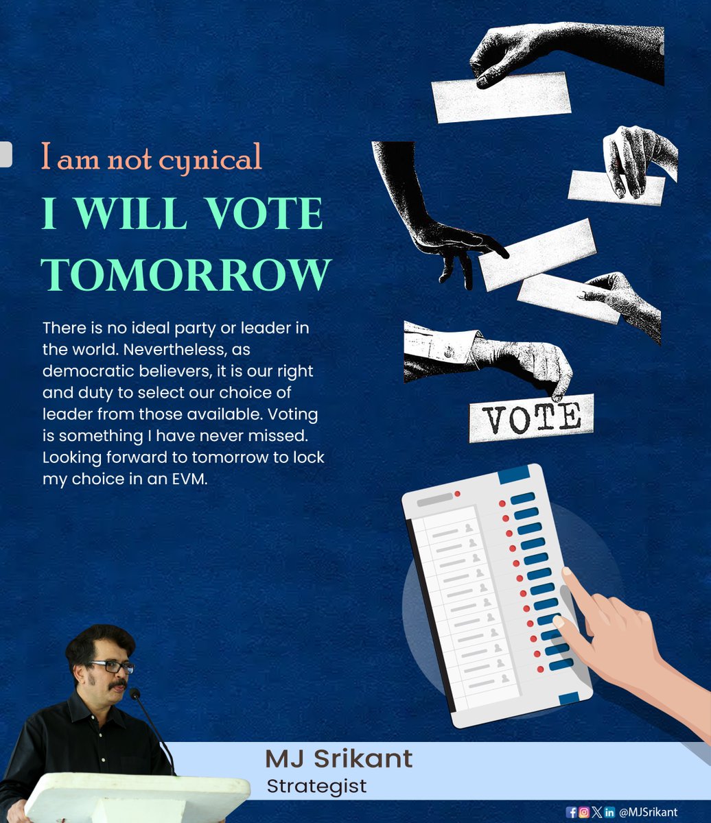 I am not cynical; I will vote tomorrow

#IndianElections #Democracy #VoteIndia #ElectionDay #Politics #ElectoralProcess #VotingRights #CitizenParticipation #PoliticalParties #ElectionCommission #BallotBox #CampaignTrail #ElectoralReforms #ElectoralSystem