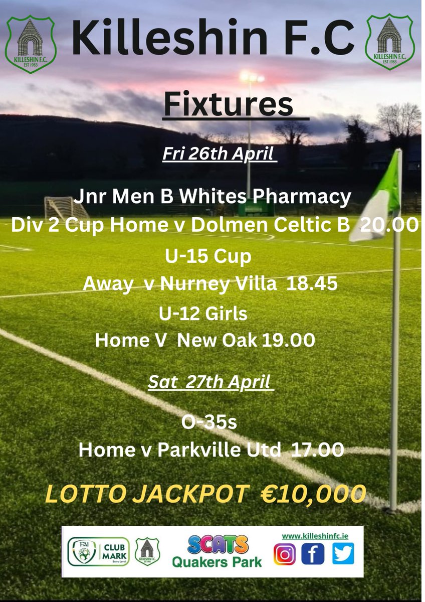 This weekends fixtures with 3 games tonight including our Junior Mens B team at home in the Div Cup v Dolmen B and on Saturday our O-35s have their first league game of their season hosting Parkville. Good luck to all teams. All support greatly appreciated