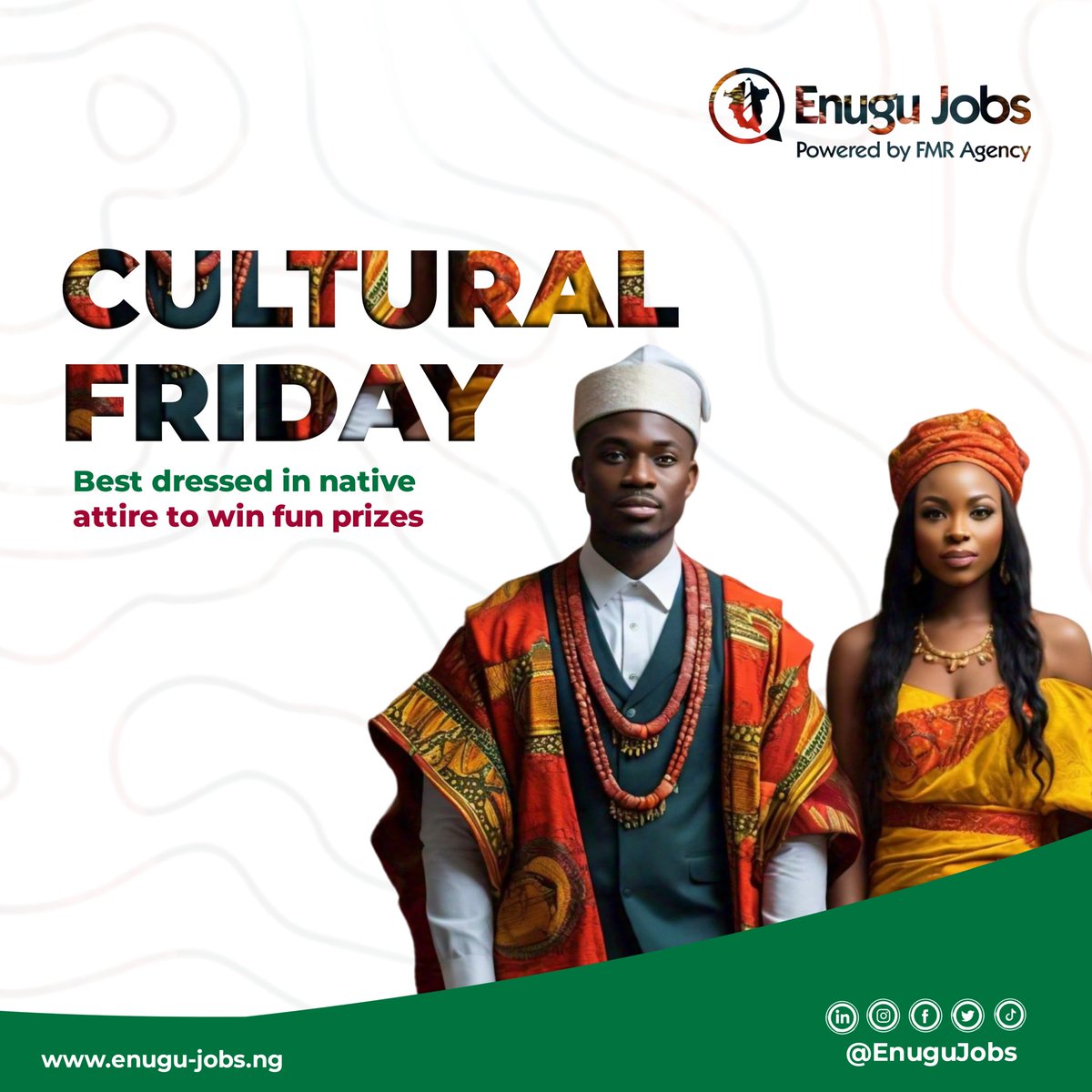 Don't miss out on the Enugu Jobs Cultural Friday!
At Enugu jobs, we celebrate Cultural inclusion in the workplace! There will be fun prizes for the best dressed in native attire.

#culturalfriday #culturalinclusion #workplace #enugujobs #workplacebalance