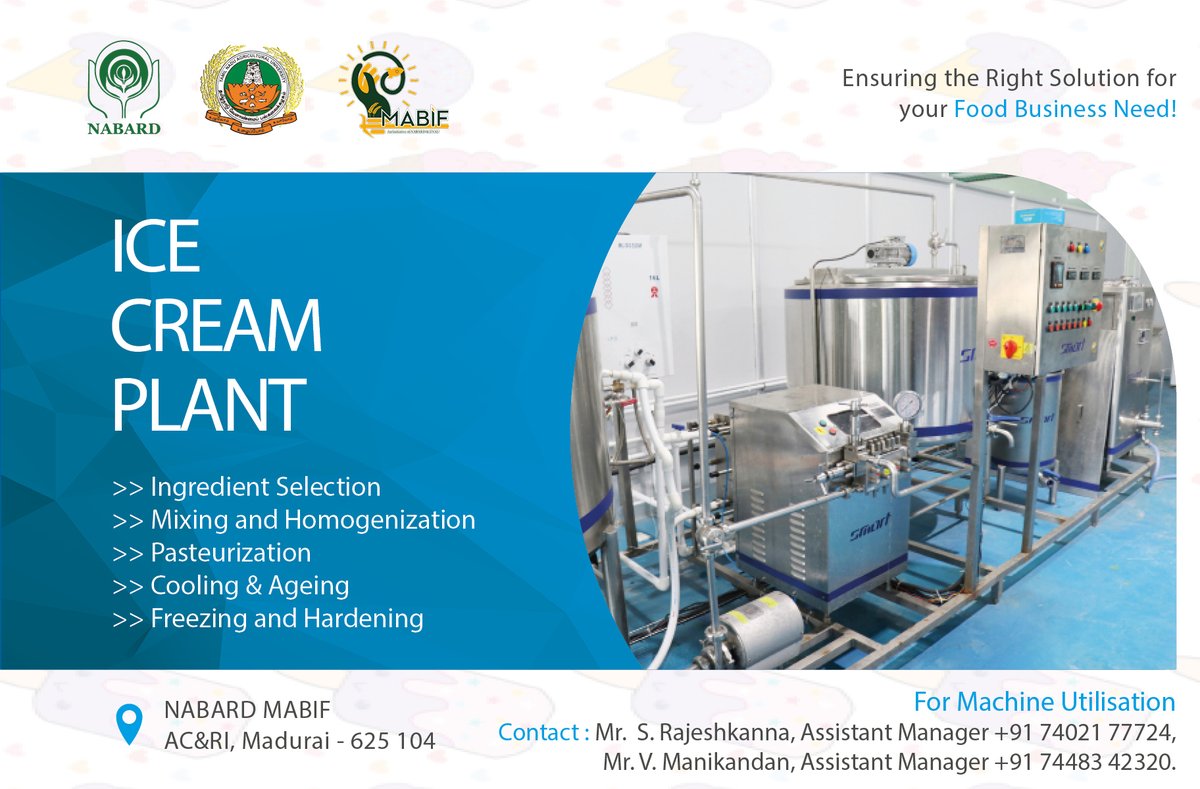 Reliable Production for Prolonged Relation!!! Utilization of the 'Ice Cream Plant' is facilitated by NABARD MABIF Facilities Available: Batch Pasteurizer- 500 lit Homogenizer - 300 LPH Batch Freezer - 500 LPH BMC - 500 lit Harder - 500 lit