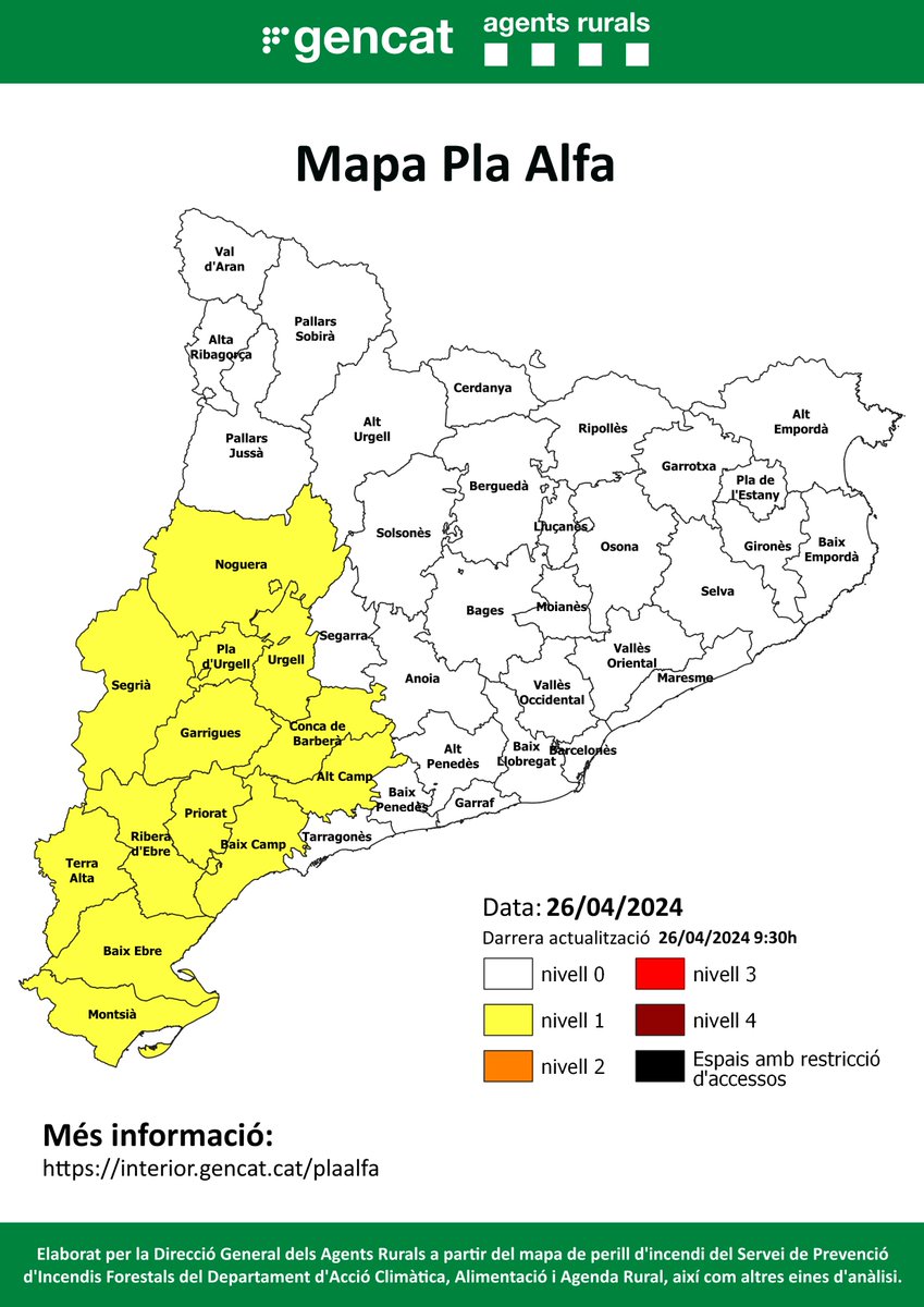 🔴Aquest és el mapa del #PlaAlfa per avui dia 26/4/24
📍Consulta el mapa interactiu per conèixer quin nivell hi ha activat al teu municipi o a la teva comarca⤵️
📲 interior.gencat.cat/plaalfa