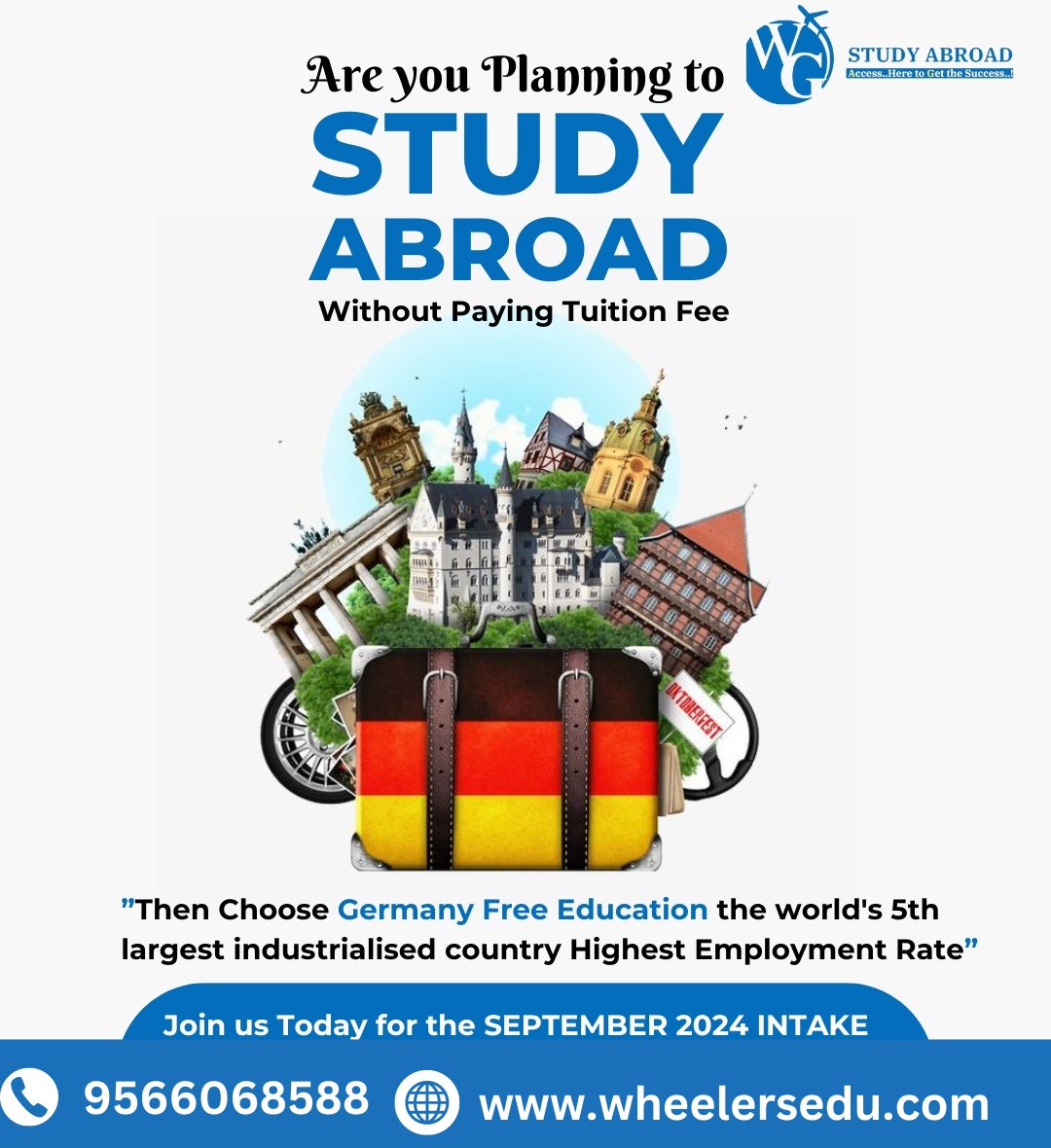 Dreaming of studying abroad without worrying about tuition fees? Look no further! Germany offers free education and boasts the lowest employment rate. Join us today for the September 2024 intake #FreeEducation #GermanyStudyAbroad #GlobalOpportunitie 
Phone: 9655068588