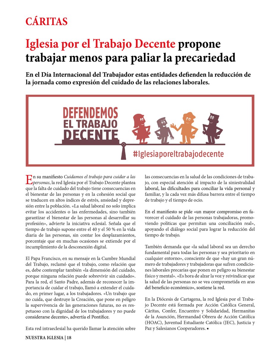 Esta semana, en NUESTRA IGLESIA, las entidades eclesiales de Iglesia por el Trabajo Decente proponemos la reducción de la jornada laboral. Puedes leer este 📄 artículo y la 📖 revista completa en diocesisdecartagena.org/nuestra-iglesi…