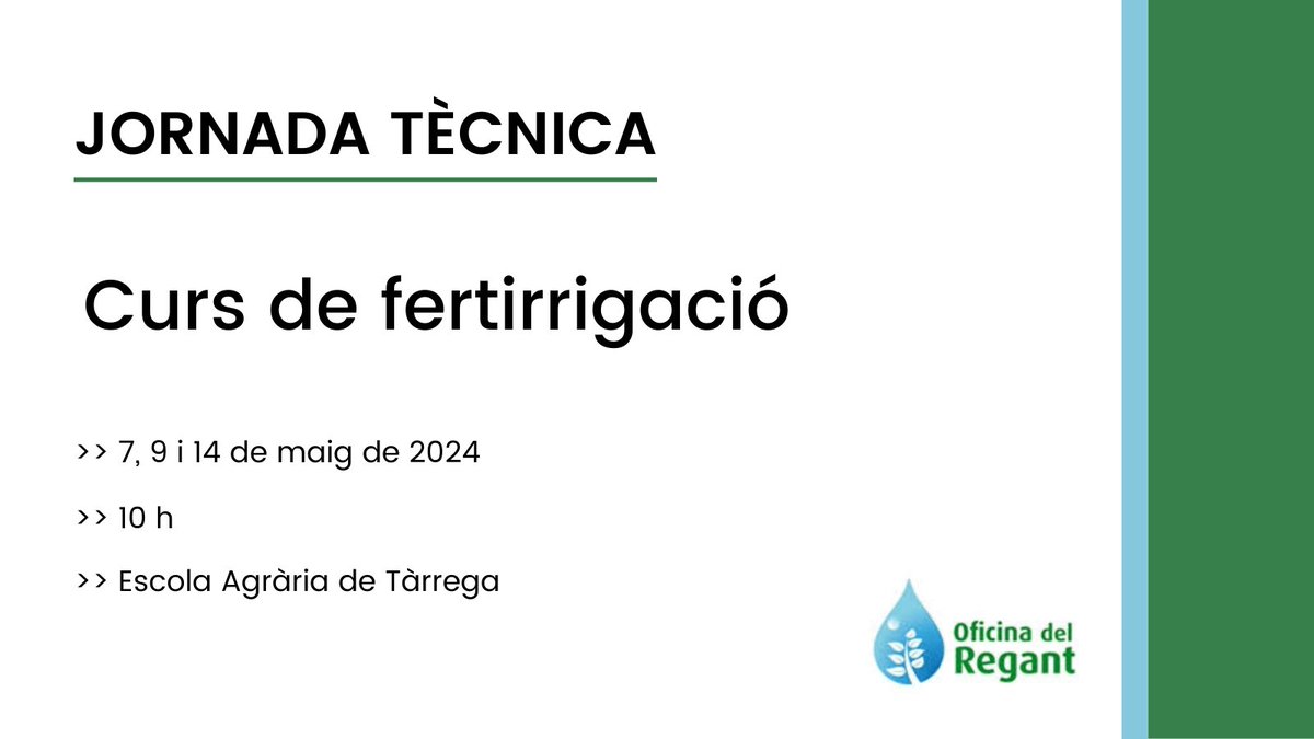 📣'Curs de fertirrigació' #PATT2024 ℹ️Més informació i inscripcions: agricultura.gencat.cat/web/.content/f… @EATarrega #OficinadelRegant