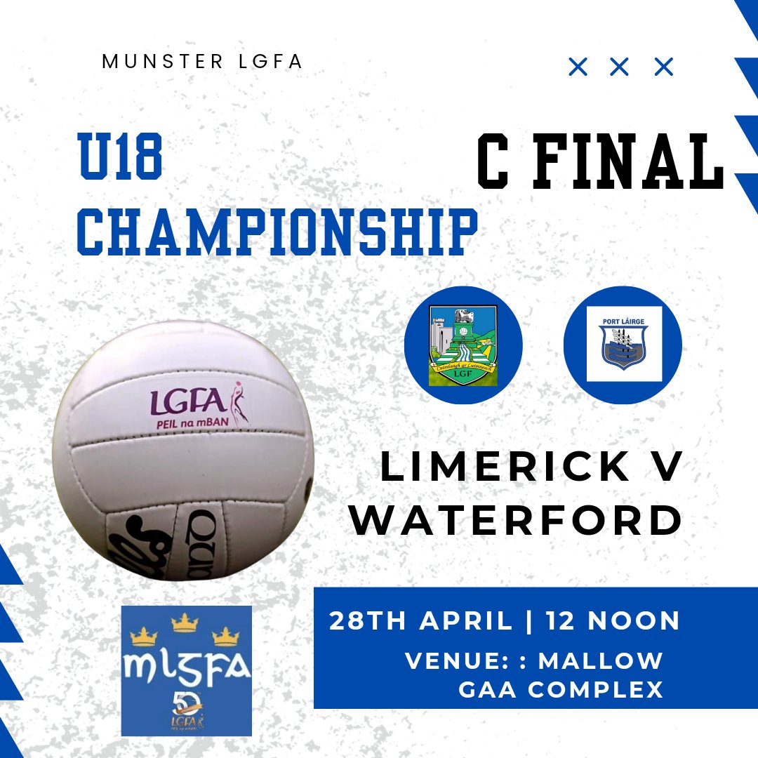 Plenty of Limerick LGFA action this weekend. Ticket Link 🎟: munsterlgfa.com/tickets/
Munster Senior B Championship RD 2 Sat, 27th April @ 1pm
Munster U14 Johnny Hayes C Final @ 12 Noon, Sat 27th April 
Munster U18 Championship C Final @ 12 Noon Sun 28th April, Mallow GAA Complex