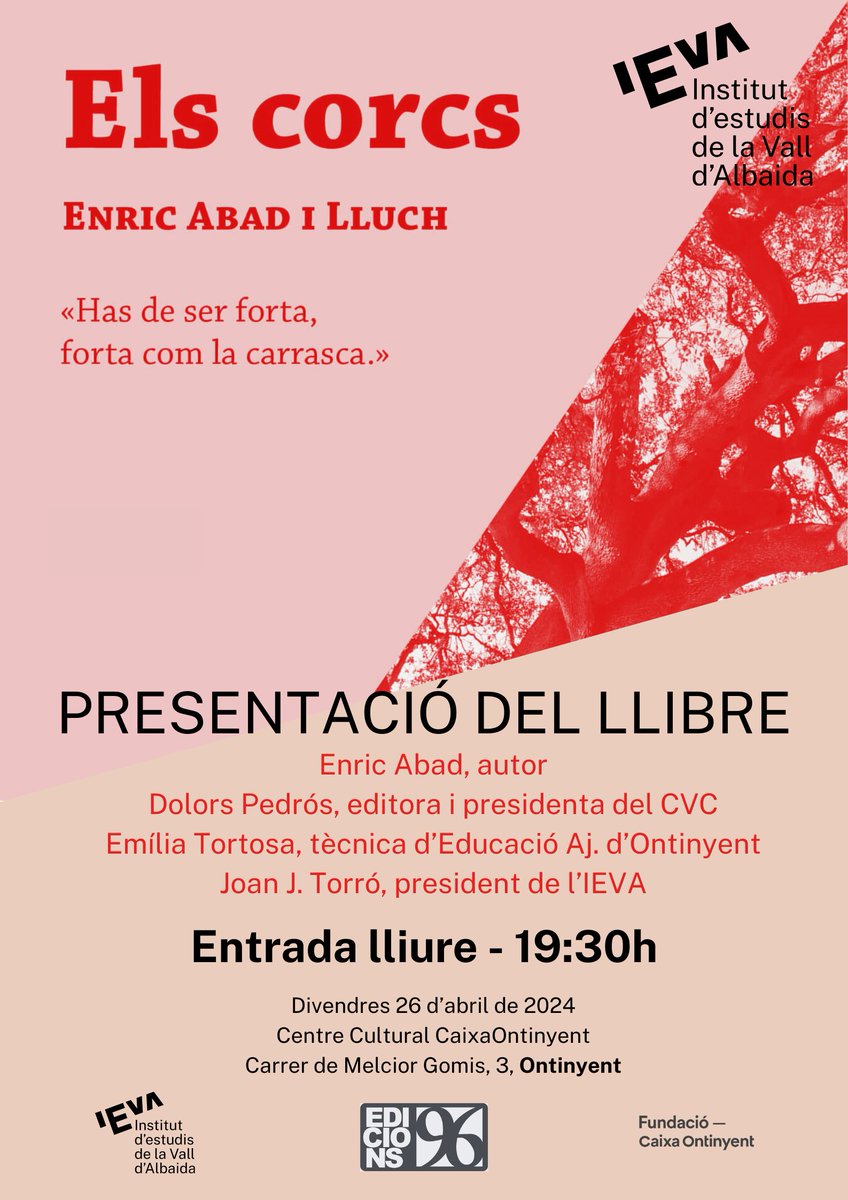 📚Recordeu: hui presentem 'Els corcs', la primera novel·la de l'ontinyentí Enric Abad, publicada per @Edicions96 📅26/04 🕣19.30 h Centre Cultural Caixa Ontinyent · C/ Gomis, 3 · Ontinyent @fundaciocao