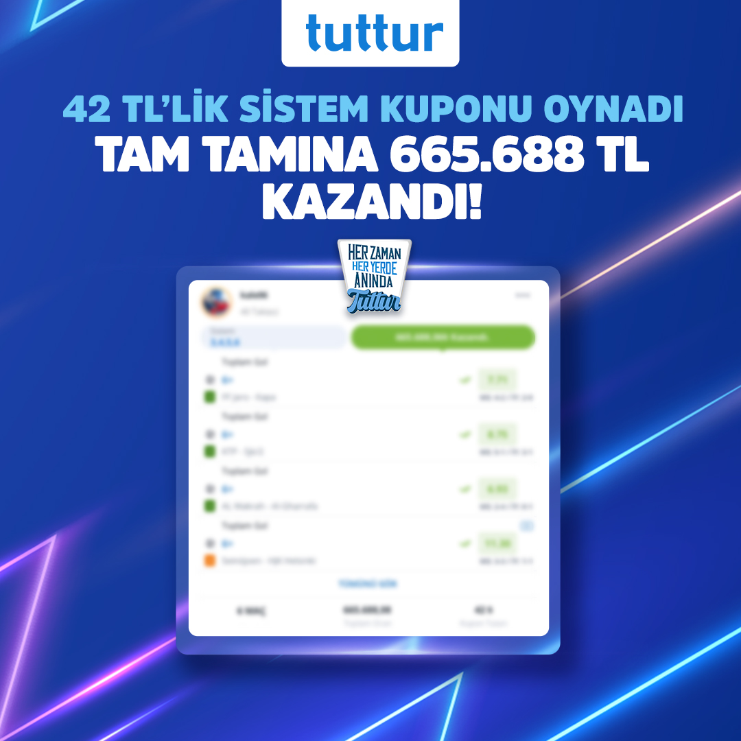 Yok böyle bir kupon! 6 maça 42 TL'lik sistem kuponu ile tam tamına 665.688 TL kazandı... Efsane kuponu görmek için👇 tuttur.com/sosyal/kupon-d…