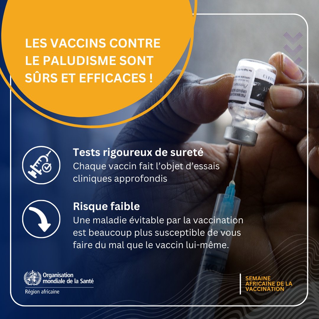 Les vaccins contre le paludisme sont sûrs & efficaces. ✅ Chaque vaccin fait l’objet d’essais cliniques. ✅Une maladie évitable par la vaccination est beaucoup plus susceptible de vous faire du mal que le vaccin lui-même. Protégeons nos communautés ! #SAV2024 #LesVaccinsÇaMarche