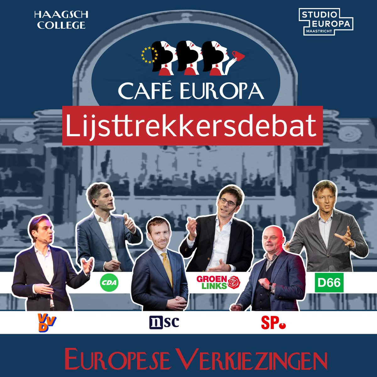 🇪🇺Het Café Europa Lijsttrekkersdebat <a href="/nieuwspoort/">Nieuwspoort</a>.

Vanmiddag vanaf 15 uur LIVE <a href="/NPOpolitiek/">NPOpolitiek en Nieuws</a>!

Met: <a href="/MalikAzmani/">Malik Azmani</a>, <a href="/tbwberendsen/">Tom Berendsen</a>, <a href="/DirkGotink/">Dirk Gotink</a>, <a href="/BasEickhout/">Bas Eickhout</a>, <a href="/GerrieElfrink/">Gerrie Elfrink</a> &amp; <a href="/Gerbrandy/">Gerben-Jan Gerbrandy</a>.

Olv <a href="/annettevansoest/">Annette van Soest</a> &amp; Stefan de Vries

Of kijk via onze livestream haagschcollege.nl/college/eudebat