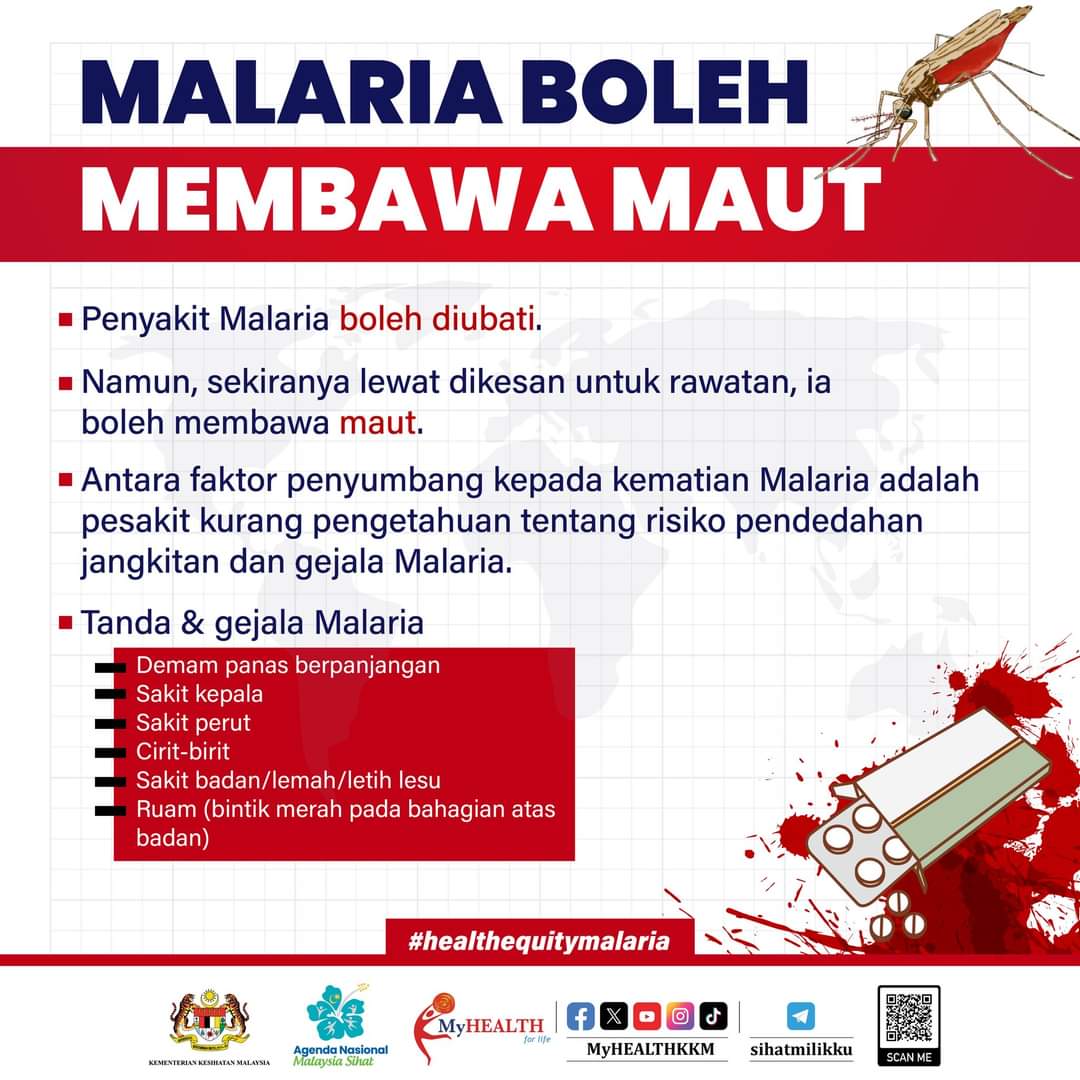 Malaria boleh membawa maut

Penyakit Malaria boleh diubati namun sekiranya lewat dikesan untuk rawatan, ia boleh membawa maut.

Tanda dan gejala Malaria adalah seperti demam panas berpanjangan, sakit kepala dan cirit-birit.

#ANMS #healthequitymalaria #sihatmilikku