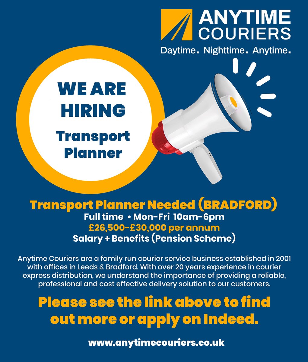 A fantastic opportunity for a transport planner in Bradford. To see the full details on INDEED, follow the link: uk.indeed.com/viewjob?from=a…

#transport #transportplanner #jobs #transportjobs #Bradford #Bradfordjobs #AnytimeCouriers