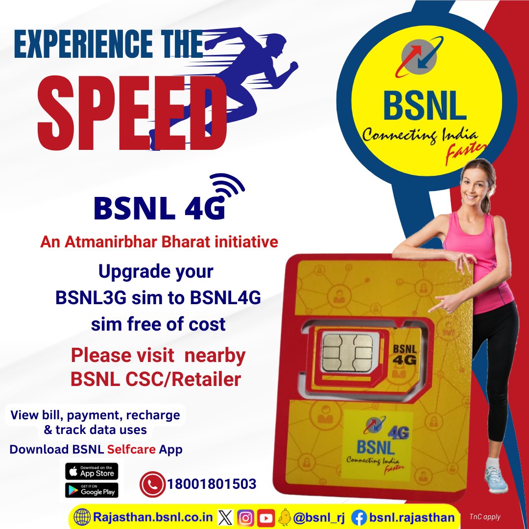 Upgrade your BSNL3G sim to #BSNL4G sim free of cost. Please visit nearby #BSNL CSC/Retailer. For more info please call us on 18001801503. #Internet4All