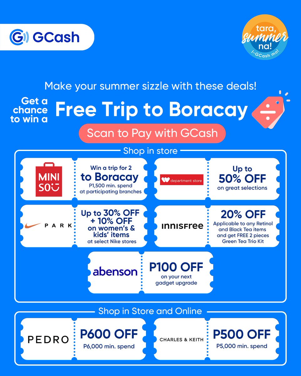 Beach, please! 🏖️ May chance ka nang manalo ng FREE trip to Boracay ngayong sweldo day! Just #PayWithGCash to score more deals & discounts! #GCashSummerNa
