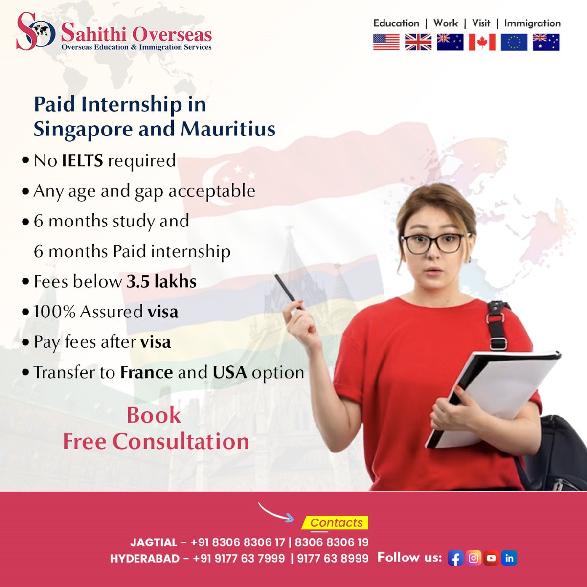 🌍✈️Exciting Opportunity Alert! 🌟Explore the vibrant cultures of Singapore and Mauritius with Sahithi Overseas! 🏝️ Dive into a paid internship without the hassle of IELTS! 📚👩‍🎓 
#StudyOverseas #EducationOpportunities #educationforall #dreambig #studyabroadlife #SahithiOverseas