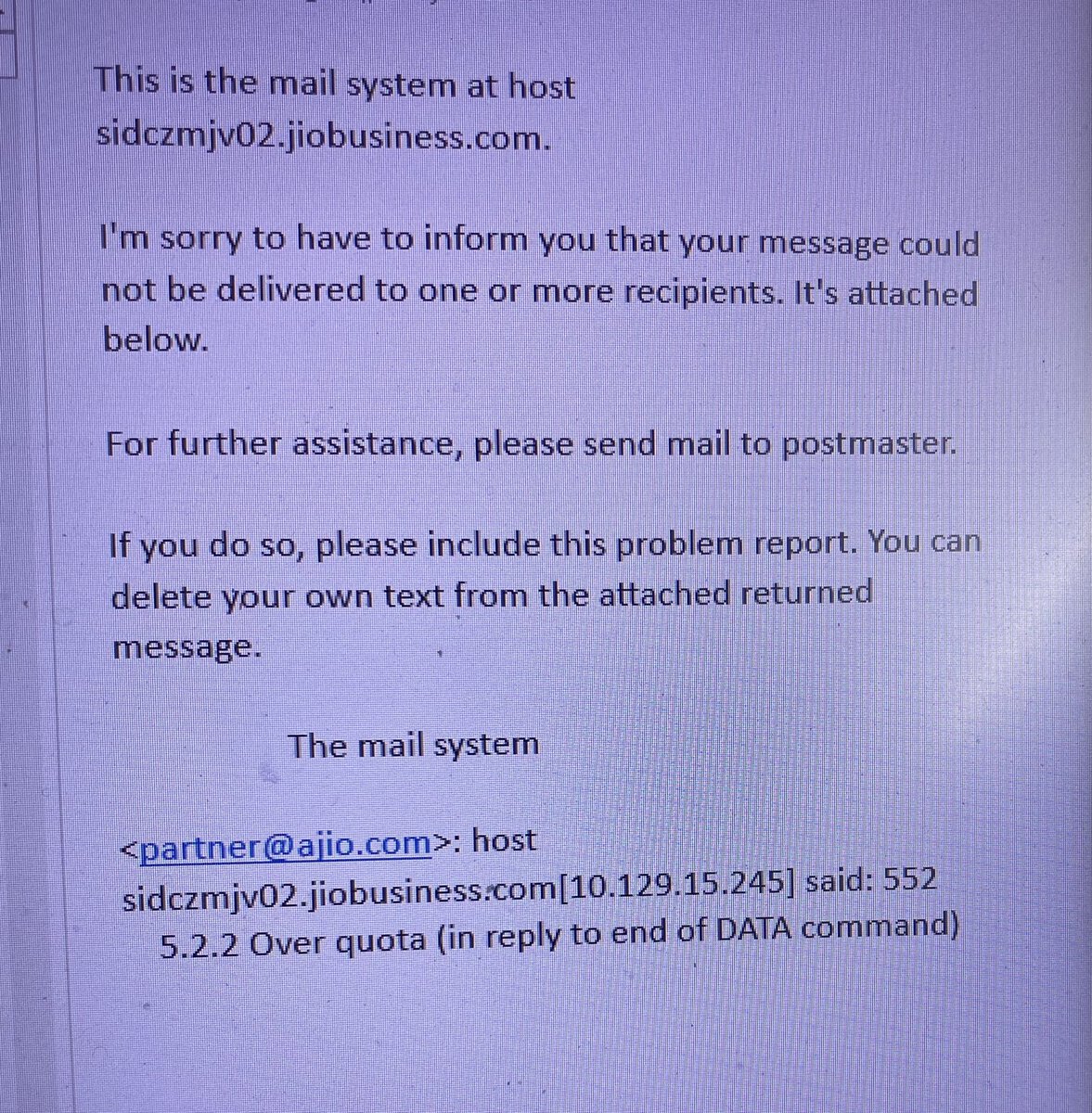 JdHingne's tweet photo. @AJIOLife Thanks for your quick reply but partner@ajio.com is not accepting emails. I got an error msg. Pls see the attachment. @AJIOLife https://t.co/3PgqHJOy1c