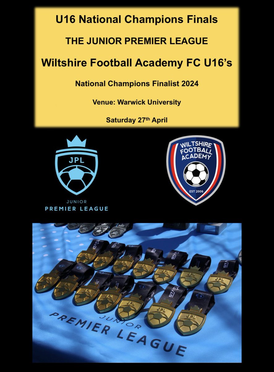 Good luck to our U16’s, who travel to the @uniofwarwick tomorrow to represent @WiltsFCAcademy in National Champions The @jpluk Finals👏🏆🤞

#wiltshirefootballacademy
#wherethebestplayersplay
#juniorpremierleague
#saturdayfootball
#cupfinal