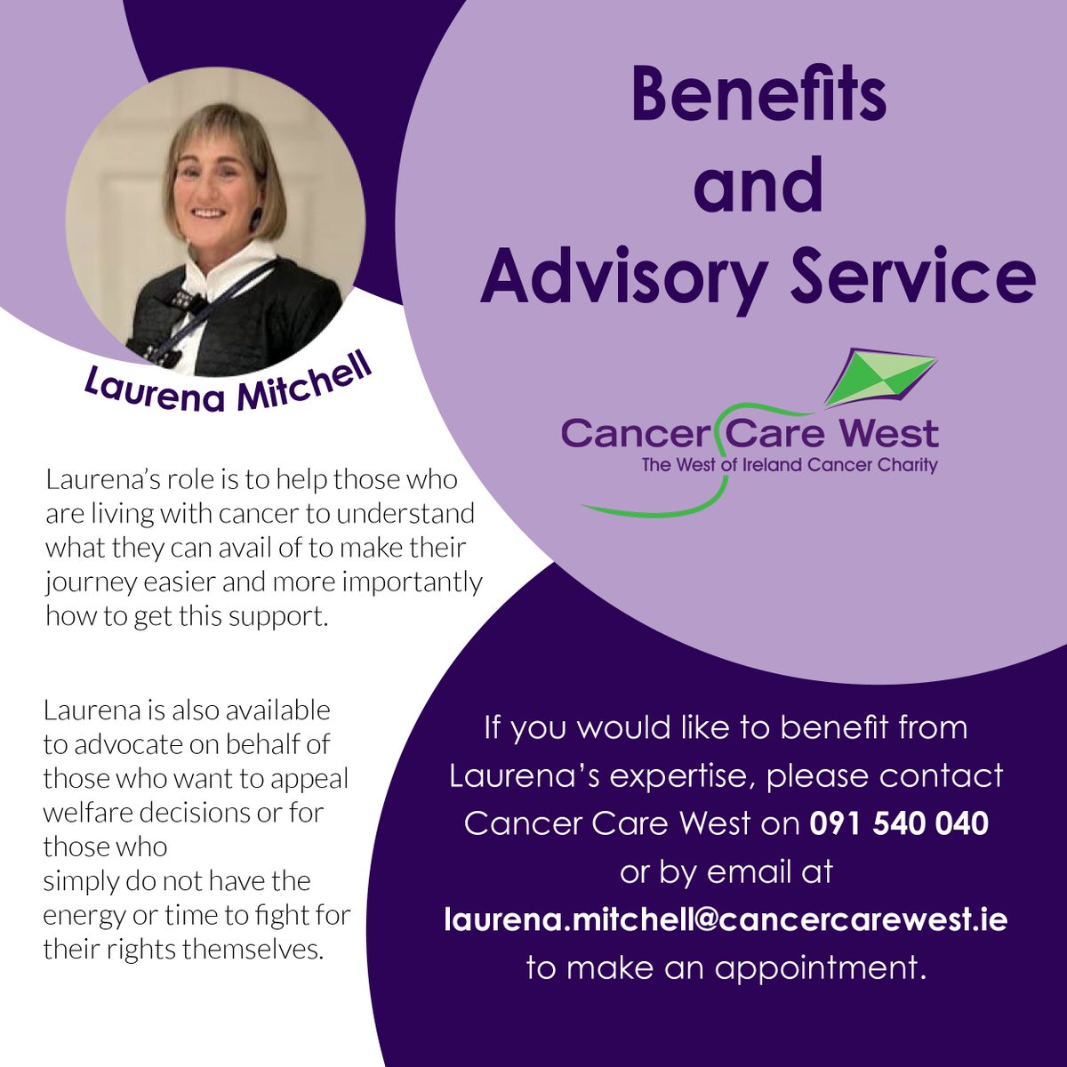 Welcome to our new Benefits Advisor and Advocacy Officer. Laurena has many years experience in public service and we are delighted to offer this service free of charge. @hseNCCP @cancercarewest @IrishCancerSoc @roinnslainte @IrishHospice @GalwayHospice @saoltagroup