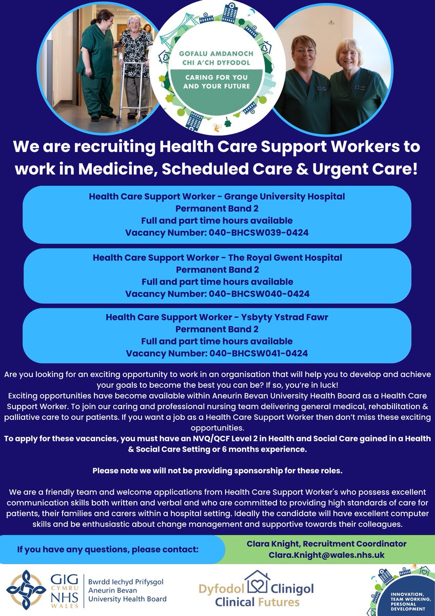 Exciting opportunities have become available within Aneurin Bevan University Health Board as a Health Care Support Worker. Grange University Hospital - healthjobsuk.com/job/-v6243708?… Royal Gwent Hospital - healthjobsuk.com/job/-v6243172?… Ysbyty Ystrad Fawr - healthjobsuk.com/job/UK/Torfaen…