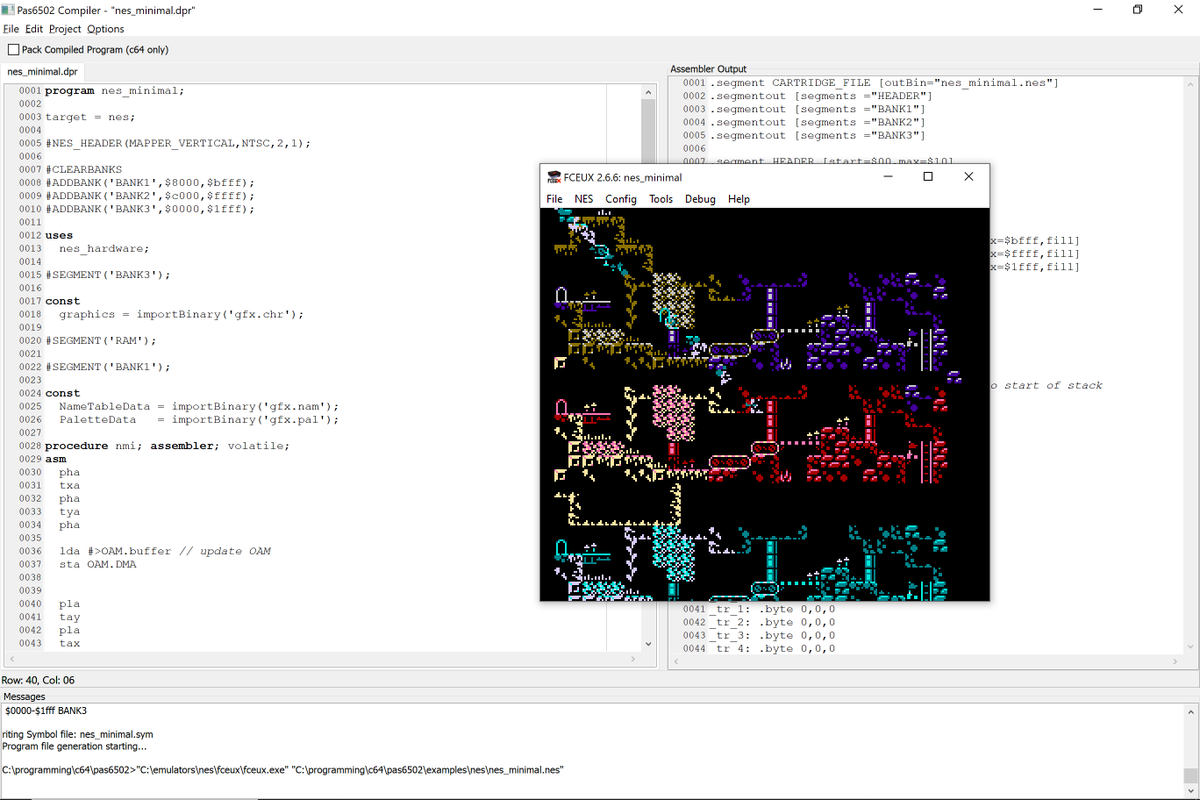 SyntaxErrorSoft's tweet image. A #Pas6502 update: I&apos;ve made some progress with getting my Pas6502 #Pascal -&amp;gt; 6502 compiler to output a working NES example... #NES #8BitCoders