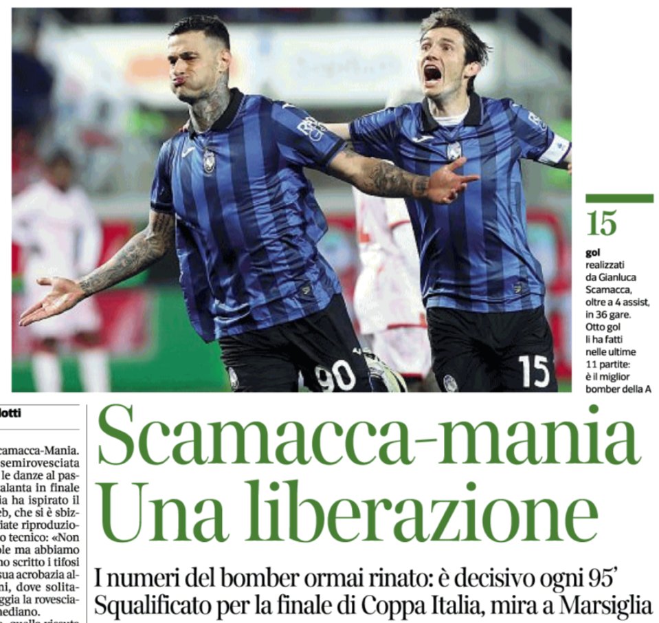 CorSera : La Scamacca-mania est née à l'#Atalanta. L'attaquant est enfin libéré, 15 buts en 36 matchs cette saison, 8 lors des 11 derniers. Entre buts et passes décisives, il est décisif toutes les 95 minutes.