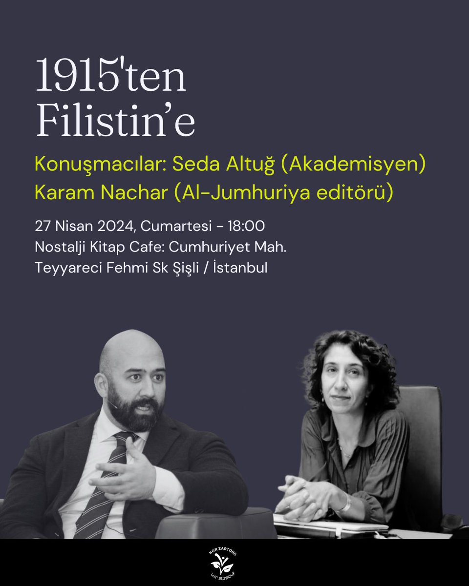 1915'in üzerinden 109 sene geçti. Bu büyük suç hâlâ inkâr edilirken Filistin'de bir başka soykırıma, suçta ortaklığa ve inkâra tanık oluyoruz. Bu seneki anma etkinliğimizde Seda Altuğ ve Karam Nachar ile birlikte 1915 sonrasında hayatta kalanlar için önemli sığınak noktalarından