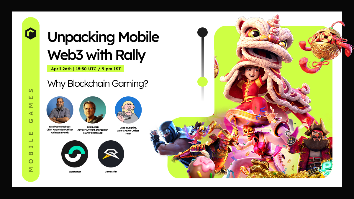 Unpacking Mobile Web3 with @rallyprotocol Ep2. is here! We'll be exploring 'Why Blockchain Gaming?' with these amazing guests: - @ChadHugghins from @fleekxyz - @yusufg from @animocabrands - @SparkCraig from Arrivant, Snack App and @PlayStarGarden - @GameSwift_io -…