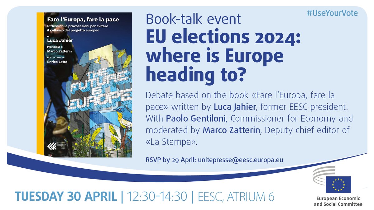 👥Join us in an open discussion on the 🇪🇺 elections with Commissioner @PaoloGentiloni, @LJahierEU & Marco Zatterin @straneuropa from🗞️ @LaStampa 🗓️30/4 🕕12.30 📍@EU_EESC JDE building Atrium 6 ®️👉 unitepresse@eesc.europa.eu #useyourvote