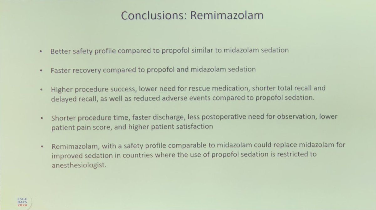 Great session from Peter Vilmann and Kostas on Day 2 #ESGEDays2024 Sedation vs GA vs None Is Propofol really the answer? Apparently, the real answer is Remimazolam!! Better than Propofol or Midazolam!