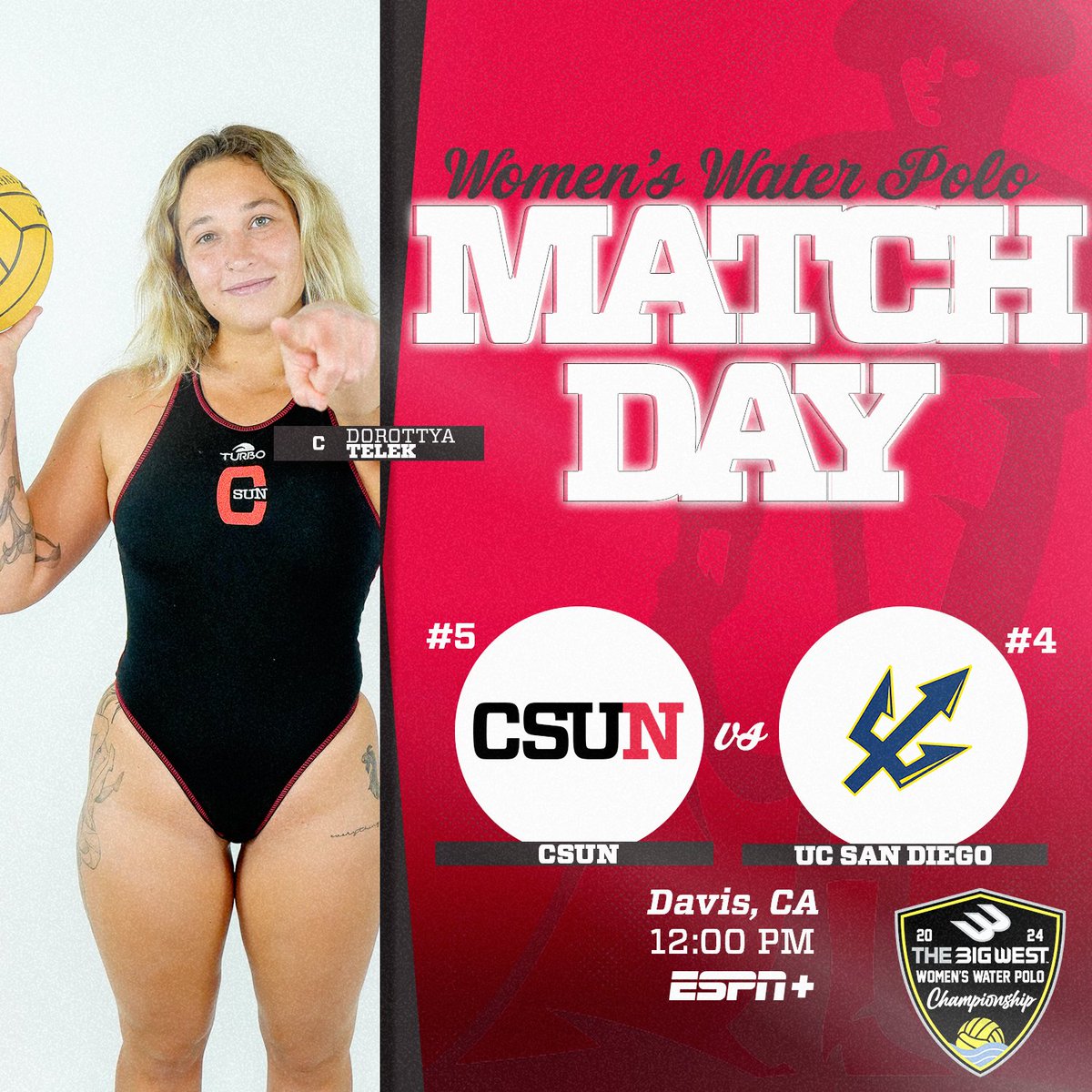 Tournament time. Fifth-seeded CSUN takes on fourth-seeded UC San Diego in the quarterfinals of the @BigWestSports Championship today. 🆚 UC San Diego ⏰ 12:00 p.m. 📍 Schaal Aquatic Center 📺 ESPN+ 💻 espn.com/espnplus/playe… 📊 thefosh.net/live/16706 #GoMatadors