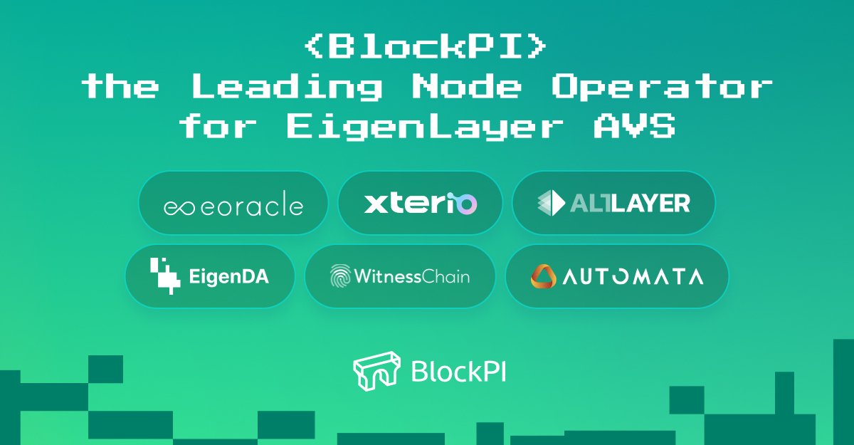 BlockPI (@realblockpi) on Twitter photo Always being a pioneer in this industry and providing the best support for users, BlockPI is proud to be a node operator for <a href="/eigenlayer/">EigenLayer</a> AVSs.
We now partner with <a href="/eoracle_network/">EO | Breaking Web3's Data Barrier</a> <a href="/XterioGames/">Xterio</a> <a href="/alt_layer/">AltLayer</a> <a href="/eigen_da/">EigenDA</a> <a href="/witnesschain/">Witness Chain</a> <a href="/AutomataNetwork/">Automata Network</a> (more is expected) to build Always being a pioneer in this industry and providing the best support for users, BlockPI is proud to be a node operator for <a href="/eigenlayer/">EigenLayer</a> AVSs.
We now partner with <a href="/eoracle_network/">EO | Breaking Web3's Data Barrier</a> <a href="/XterioGames/">Xterio</a> <a href="/alt_layer/">AltLayer</a> <a href="/eigen_da/">EigenDA</a> <a href="/witnesschain/">Witness Chain</a> <a href="/AutomataNetwork/">Automata Network</a> (more is expected) to build