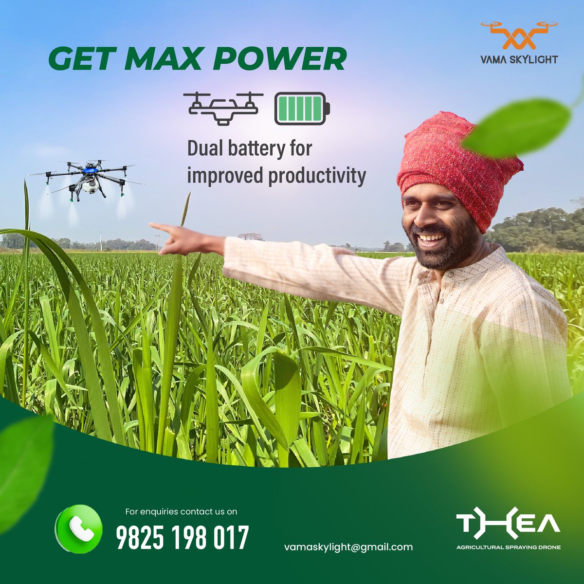 THEA drones are powered by two lithium-polymer batteries with a capacity of 22,000 mAh. Enjoy MAX power, productivity and value for money with THEA drones. #drones #dronetraining #droneservices  #dronestartup #dronetech #indianstartups #agriculturedrone #farmers #dronetechnology