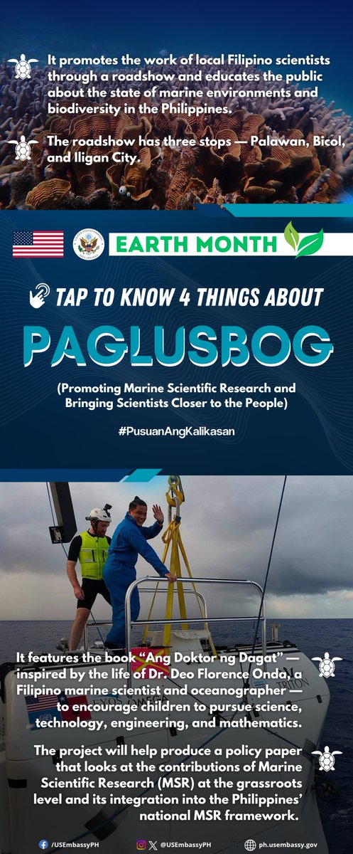 Learn about the 🇺🇸 government and @up_msi’s PAGLUSBOG project. Tap the image to know why it matters to saving our marine ecosystems. #PusuanAngKalikasan #EarthMonth2024