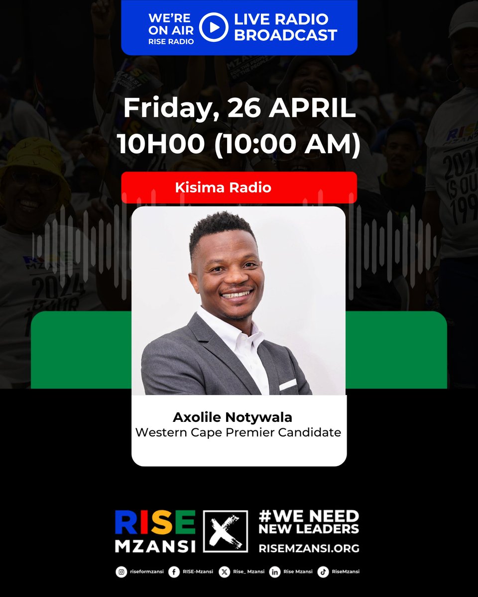 Listen to @AxolileNotywala, Western Cape Premier Candidate, live at Kisima Radio, talking  about RISE Mzansi’s plan to bridge the divide in the Western Cape. 

#AxolileForWCPremier #WeNeedNewLeaders