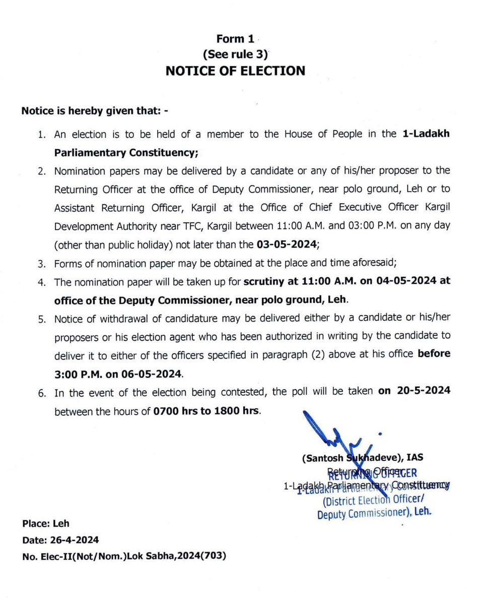 NOTICE OF ELECTION District Election Officer Leh, @santoshsukhdeve Sukhadeve issues Notice of Election today on April 26 @prasarbharti @ddnewsladakh @airnewsalerts @dc_Kgl @DDNewslive @Info_Ladakh