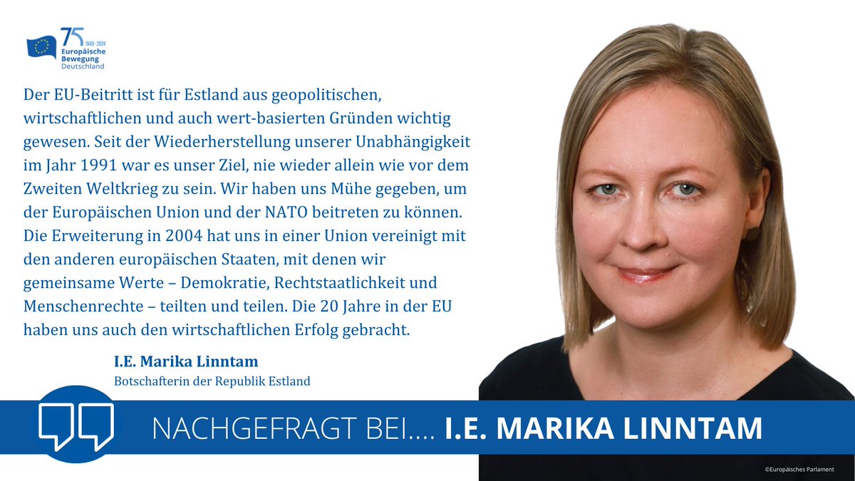 Im Nachgefragt bei.... blickt die Botschafterin Estlands I.E. @MLinntam auf das 20-jährige Beitrittsjubiläum Estlands und 9 weiterer Staaten zur 🇪🇺 zurück & spricht über die Chancen & Herausforderungen der EU-Erweiterungsreform. netzwerk-ebd.de/nachrichten/na…
