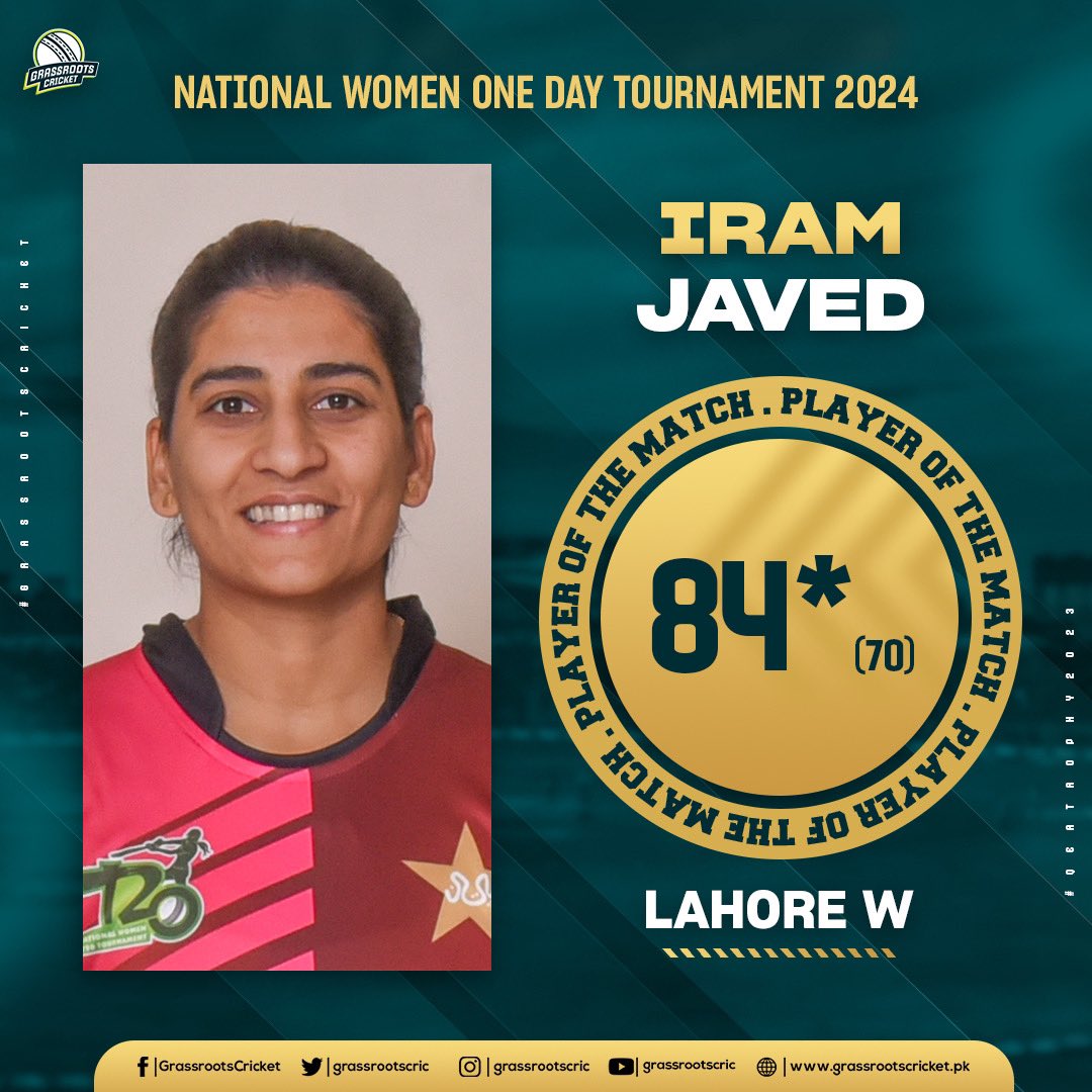 Iram Javed was named the Player of the Match against Rawalpindi Women for her unbeaten 84 in the chase! 👏 

#RWPvLHR | #BackOurGirls