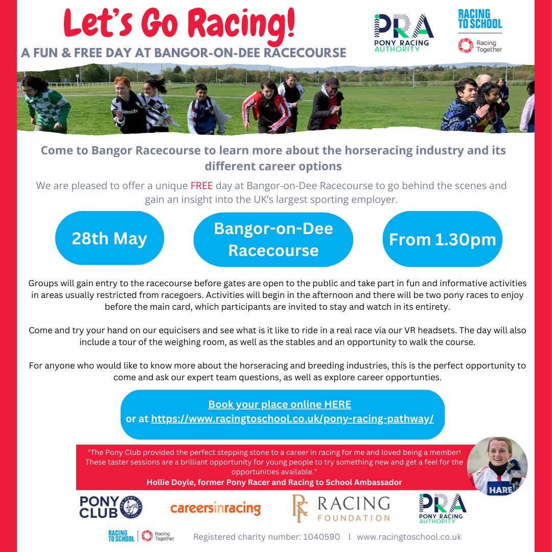 Would you like to join us for free on 28th May, along with @RacingtoSchool, to learn more about the horseracing industry and different career options? - Free entry for a full day of racing - Sit on our equicizers - Ride in a real race via VR headsets racingtoschool.co.uk/pony-racing-pa…