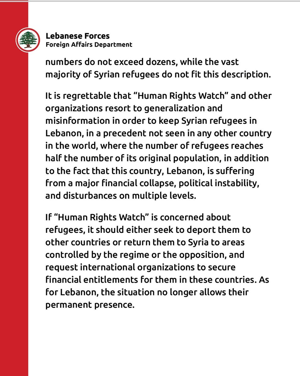 Il report di #HumanRightsWatch è fuorviante! Basato su delle disinformazioni ed è scandaloso!
Il 99% dei rifugiati siriani in Libano che costituiscono circa la metà della popolazione non corrispondono affatto alla descrizione di un attivista politco.
#Libano non può più ospitarli