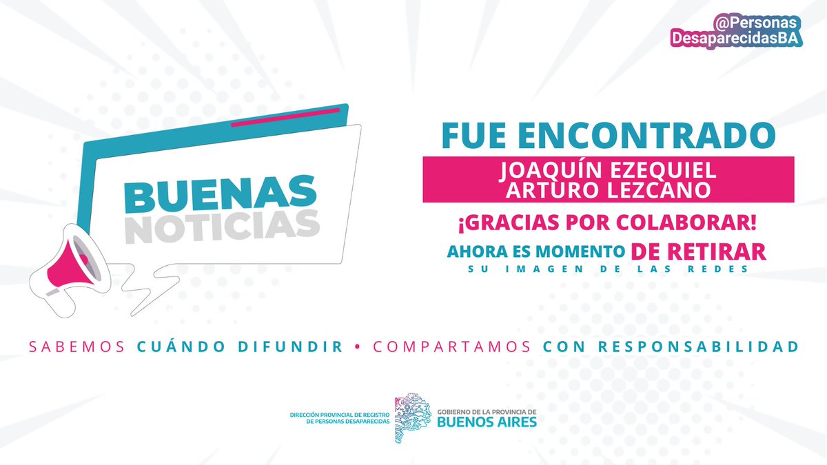 😊 B U E N A S N O T I C I A S ✨ 🙌🏼 Tenemos el agrado de informar que Joaquín Ezequiel Arturo Lezcano de la localidad de #IsidroCasanova, partido de #LaMatanza, fue encontrado y ya se encuentra junto a sus seres queridos. Gracias por colaborar ! 💜