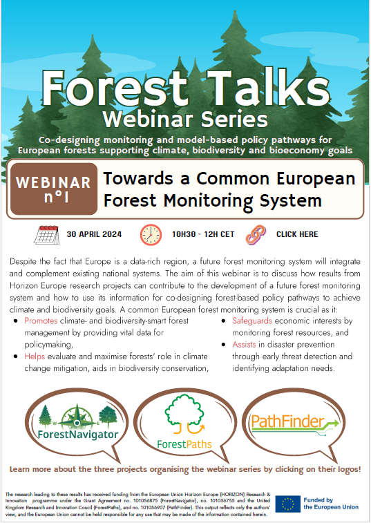 📢Coming up! The seminar series #ForestTalks about #forestmonitoring and forest-based policy pathways for climate and biodiversity goals, a collaboration of #ForestNavigator, @forestpaths_eu and @EuPathfinder ! ⏰Tuesday, April 30 - 10.30 CEST Sign up ➡️ us02web.zoom.us/webinar/regist…