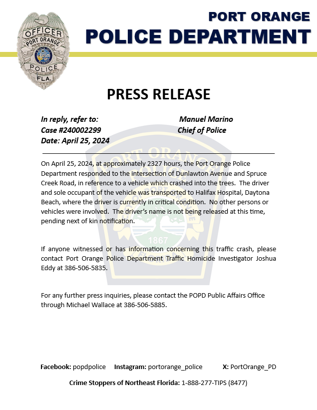 Press Release | Traffic Crash POPD Case # PO240002299