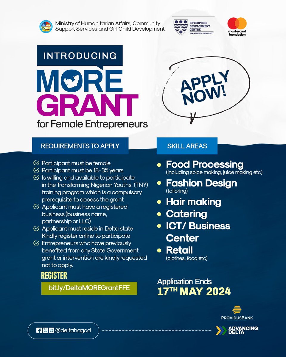 MORE GRANT for Female Entrepreneurs

Are you a small business owner? Do you run the following businesses? 

• Food processing (including spice making, juice making etc)
• Fashion (tailoring)
• Hair making 
• Catering 
• ICT/ business center. 
• Retail (clothes, food etc)