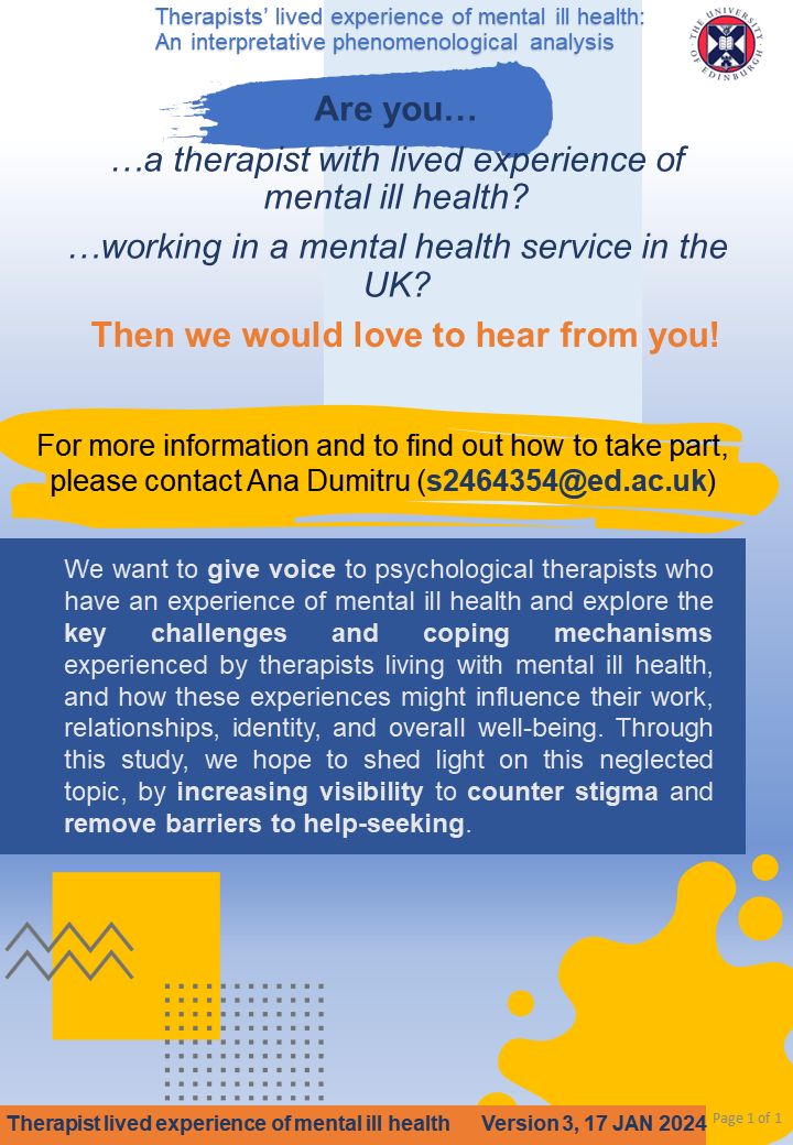 If you are a qualified NHS therapist with lived experience (i.e., psychotherapists, clinical/counselling psychs, CBT/systemic/psychodynamic psychotherapist) in the UK please consider participating in the study below 😊

#TherapistsConnect #dclinpsy #dclin #cousellingpsychology