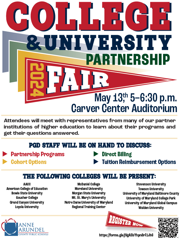 AACPS_PGD's tweet photo. @AACountySchools the Office of Professional Learning and Organizational Advancement is proud to present the 2024 College and University Fair for AACPS Employees May 13th from 5-6:30pm at Carver! Register using this link: https://t.co/YxLtauNohV https://t.co/545gEI1a8L