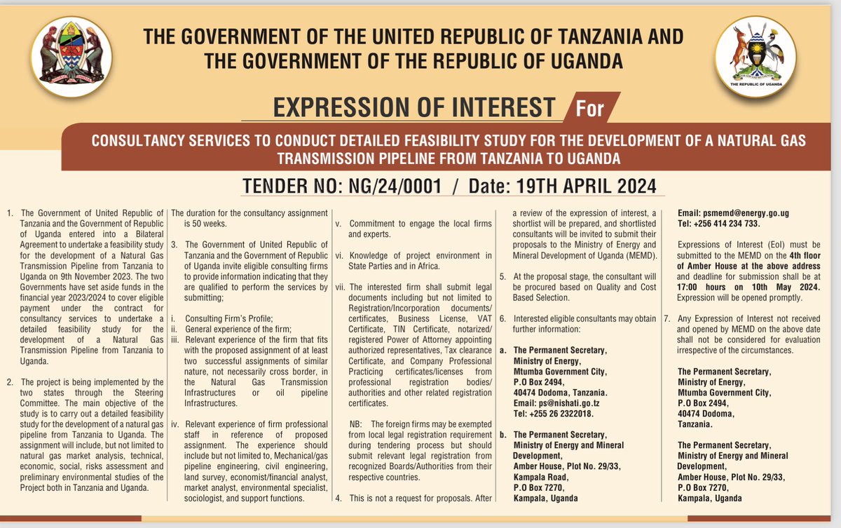 🔔 Call for Expression of Interest! Consulting firms with expertise in natural gas infrastructure are invited to submit proposals for a feasibility study on a new Tanzania-Uganda Gas Pipeline. 🌍📈 Deadline: May 10, 2024. More details attached! #EnergyCollaboration…