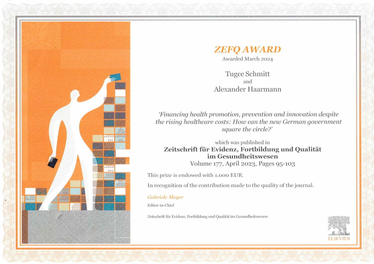Health costs for Germany are rising while more citizens require health services. How can the government solve this dilemma? In their newest paper, postdocs Alexander Haarmann and @SchmittTugce provide recommendations for which they received the #ZEFQ award. Congratulations!