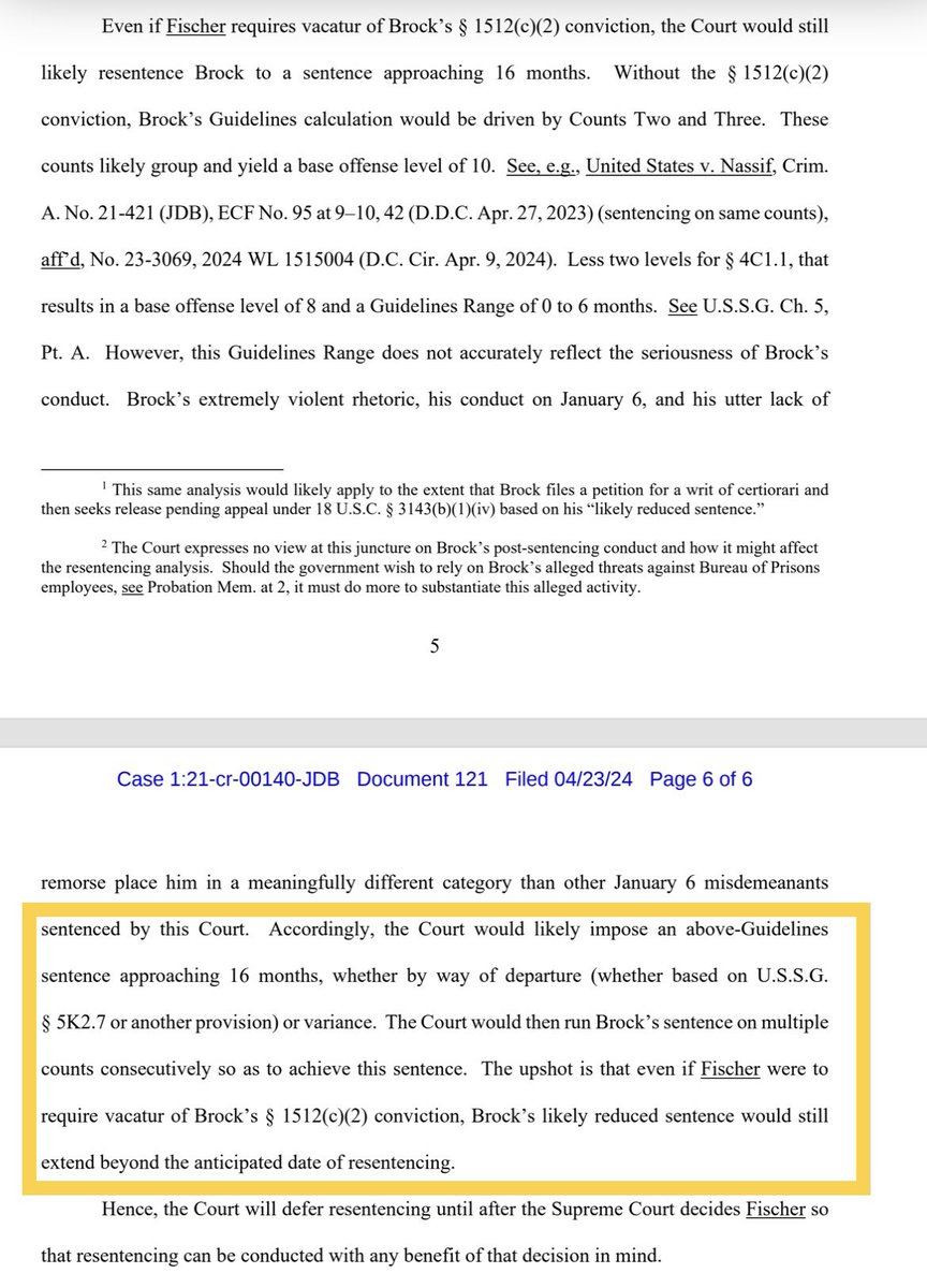 I really hope SCOTUS is paying attention to how DC judges are scheming to keep J6ers in prison on 1512c2 convictions if SCOTUS reverses that charge in J6 cases. This order is not just a warning to the defendant involved—Larry Brock, a decorated military veteran with no criminal…