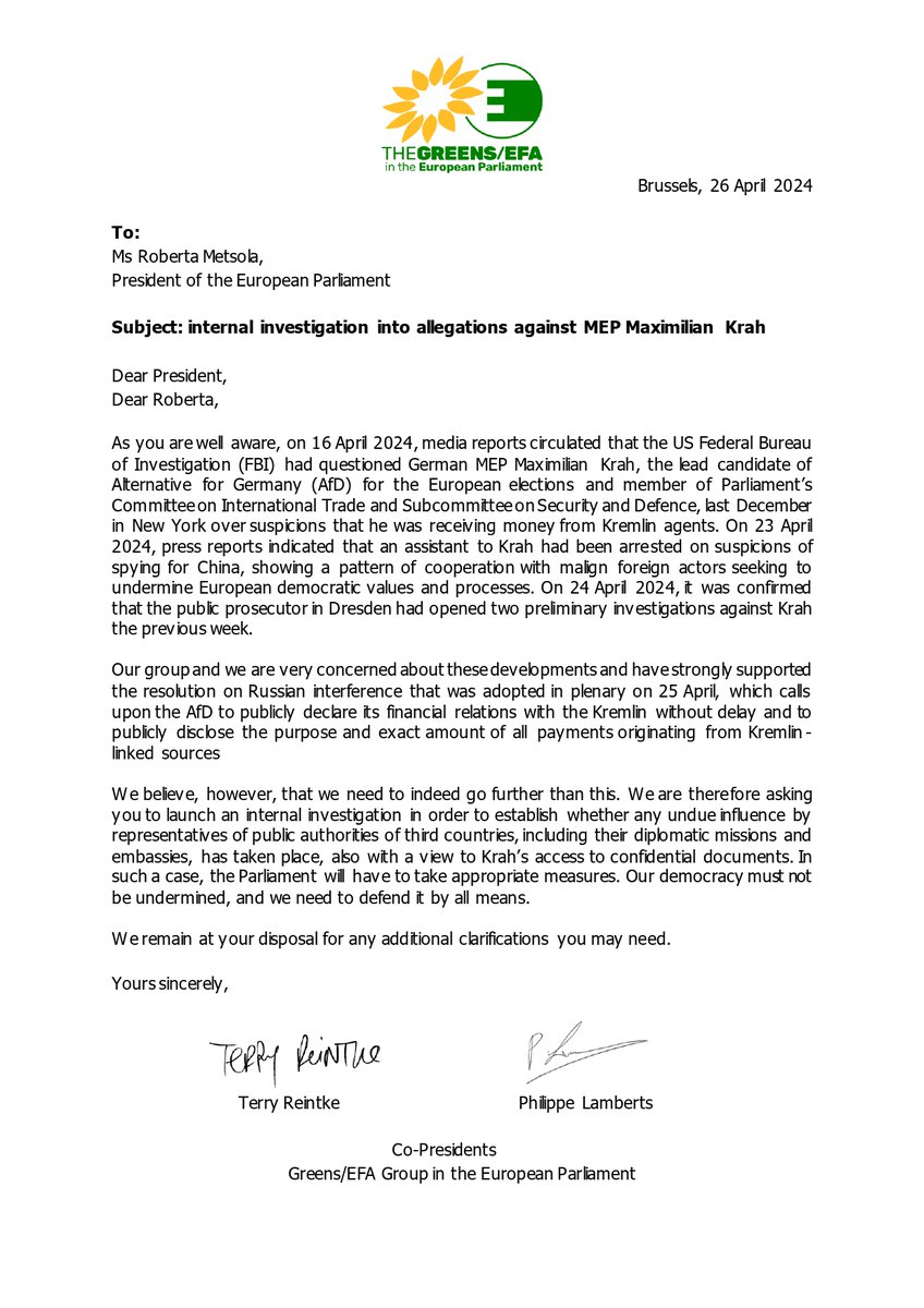 Money from Kremlin, spying for China - serious allegations against Maximilian Krah, MEP & top candidate of the AfD, & his staff.⚠️ We are calling for an internal investigation! Our letter to @EP_President Roberta Metsola: greens.eu/3xRDCT3