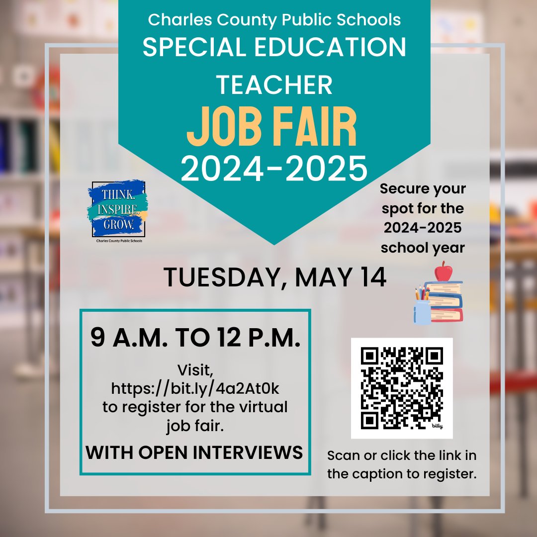 Secure your spot for the new 2024-2025 school year and attend the special education teacher job fair at F.B. Gwynn Educational Center on Tuesday, May 14 from 9 a.m. to 12 p.m. Open interviews will be available during the time. To register visit bit.ly/4a2At0k.