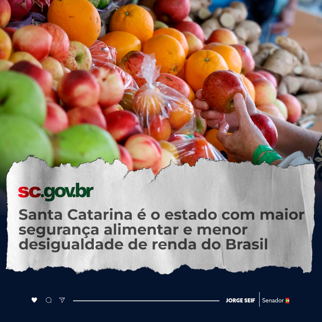 Mais uma vez, Santa Catarina é destaque nacional como o estado com a maior segurança alimentar do país, enquanto a fome esteve presente em 3,2 milhões de residências brasileiras no ano passado. O nosso estado é terra de gente de bem, que busca o seu sustento com o suor do seu…